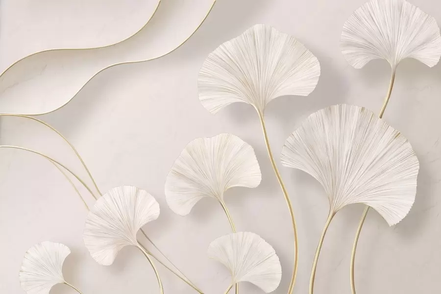 murales de pared Hojas de ginkgo de color claro y gran volumen, con líneas fluidas sobre un fondo de mármol w05734