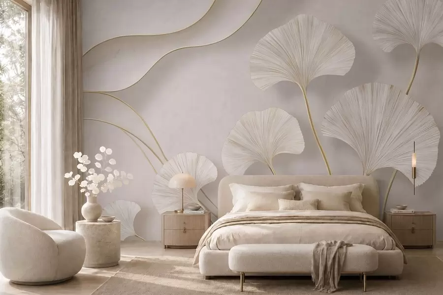 murales de pared Hojas de ginkgo de color claro y gran volumen, con líneas fluidas sobre un fondo de mármol w05734