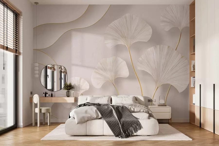 murales de pared Hojas de ginkgo de color claro y gran volumen, con líneas fluidas sobre un fondo de mármol w05734