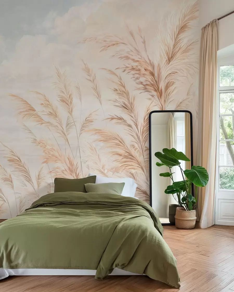 murales de pared Tallos suaves y altos de trigo y hierba bajo un cielo nublado w05735