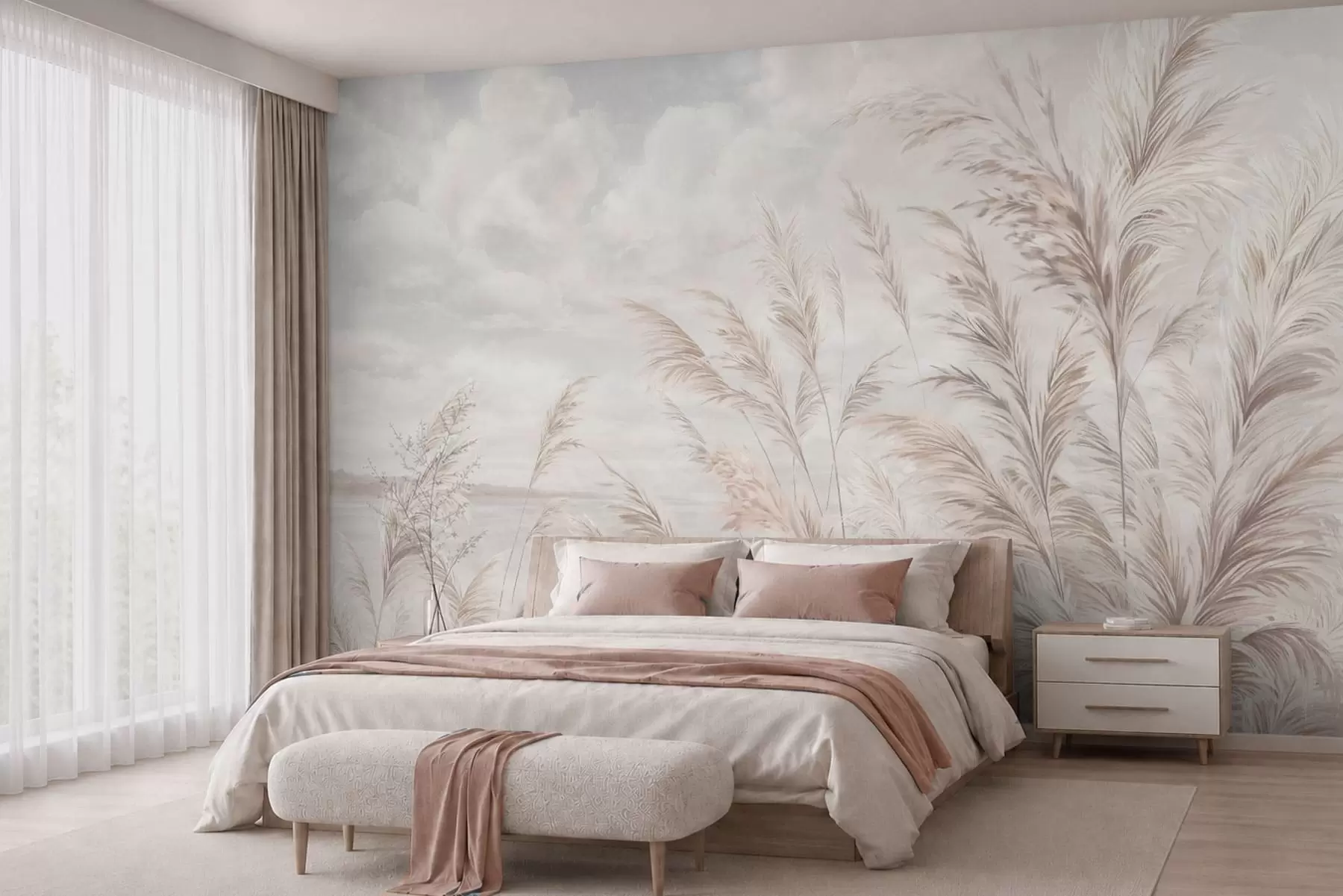 murales de pared Delicadas hierbas junto al agua, bajo un cielo ligeramente nublado w05735v1