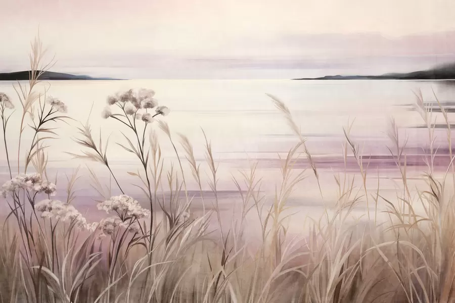 murales de pared Paisaje con flores secas y hierba alta cerca del río, y un cielo suave en tonos pastel w09939