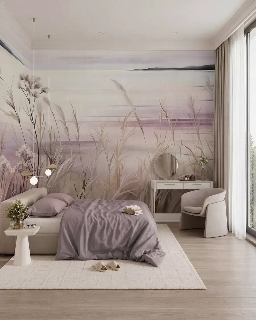 murales de pared Paisaje con flores secas y hierba alta cerca del río, y un cielo suave en tonos pastel w09939