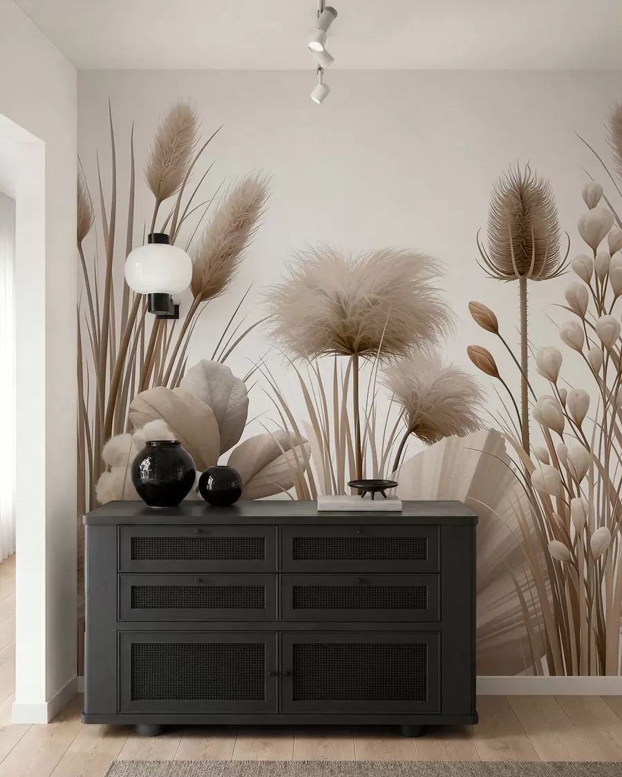 murales de pared Flores secas altas de color beige en tonos neutros w09932