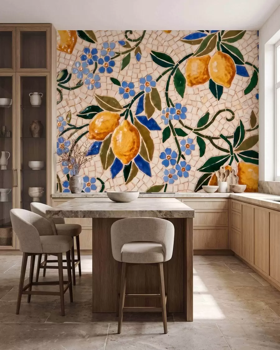 murales de pared Composición decorativa de colores vivos, al estilo de un mosaico cerámico, con jugosos limones, flores, hojas y ramas w09948