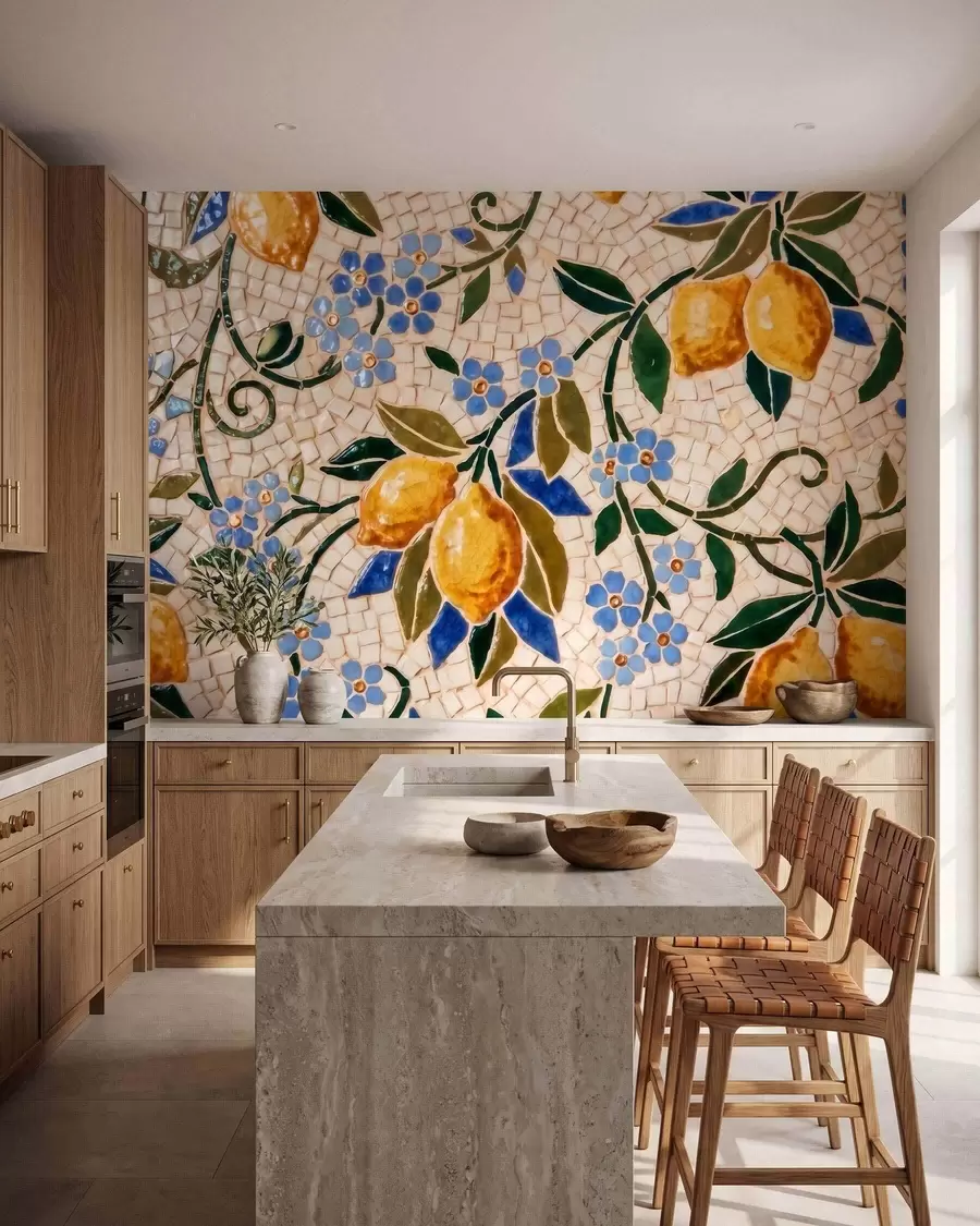 murales de pared Composición decorativa de colores vivos, al estilo de un mosaico cerámico, con jugosos limones, flores, hojas y ramas w09948