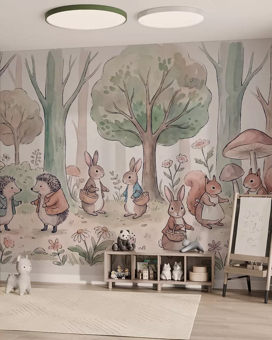 murales de pared Animales del bosque de cuento de hadas en un bosque, pintados al estilo acuarela w09951