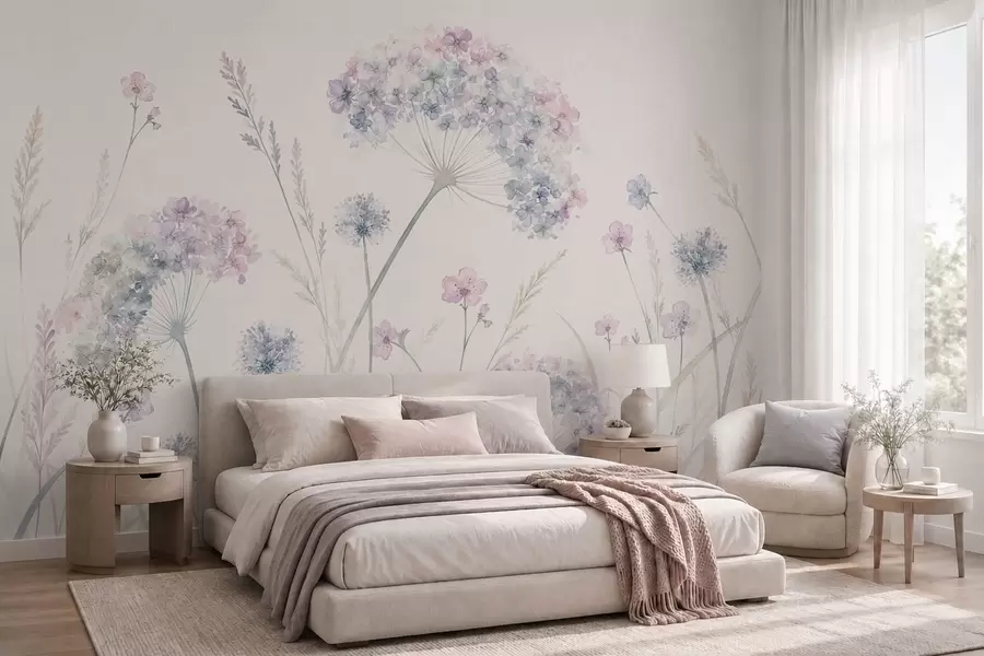 murales de pared Flores de prado en suaves tonos azules y lila w05731