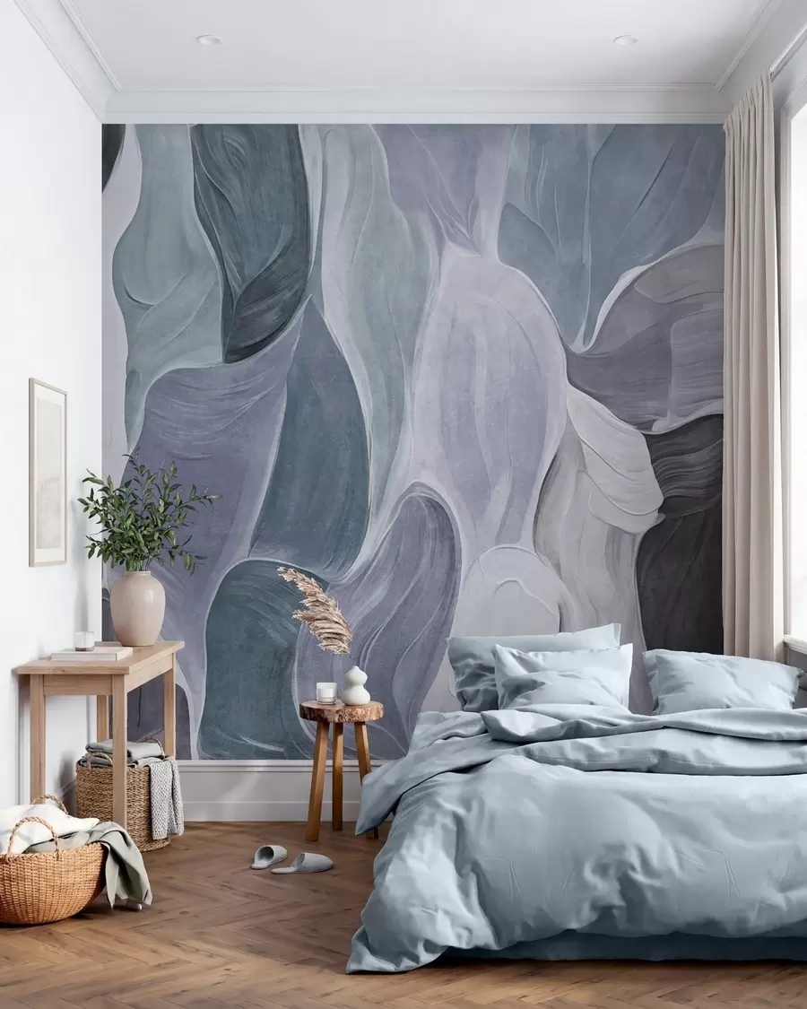 murales de pared Formas abstractas en tonos apagados de azul y gris, imitación de pinceladas w09908v1