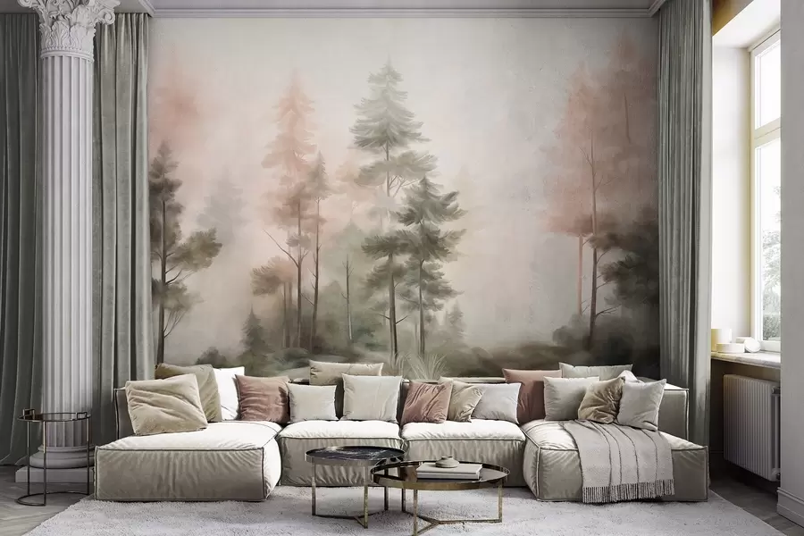 murales de pared Bosque con textura, con altos pinos en tonos verdes y rosas, envuelto en una suave y ligera niebla w09982