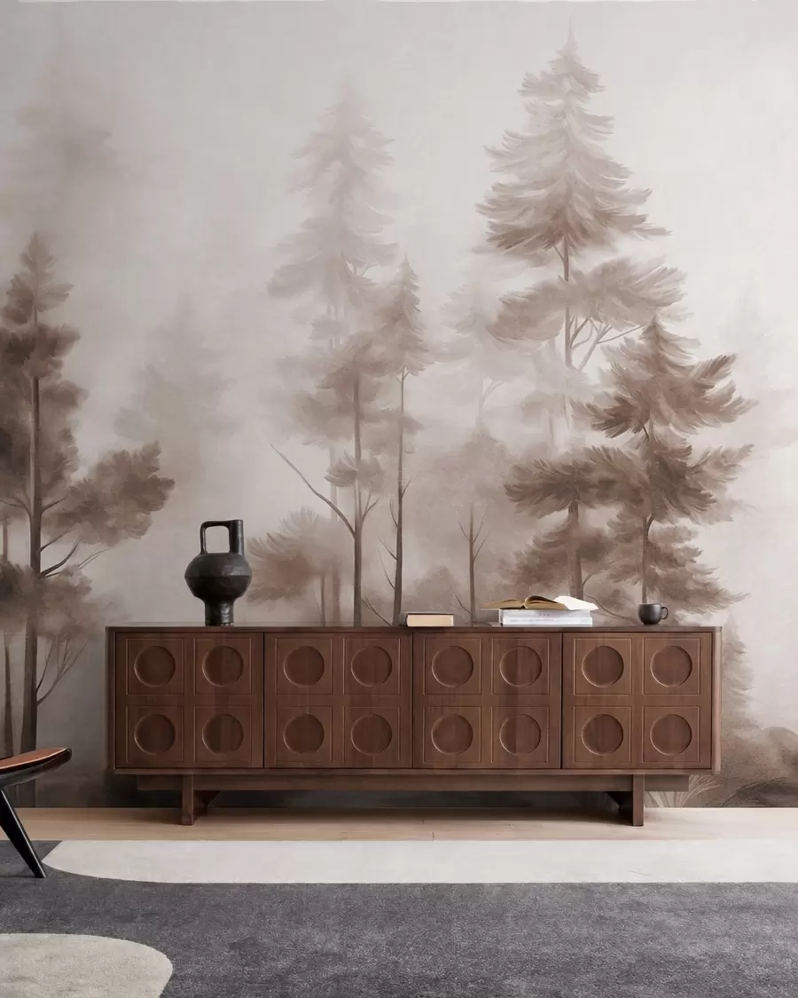 murales de pared Bosque con textura, con altos pinos en tonos marrones y una suave niebla w09982v1