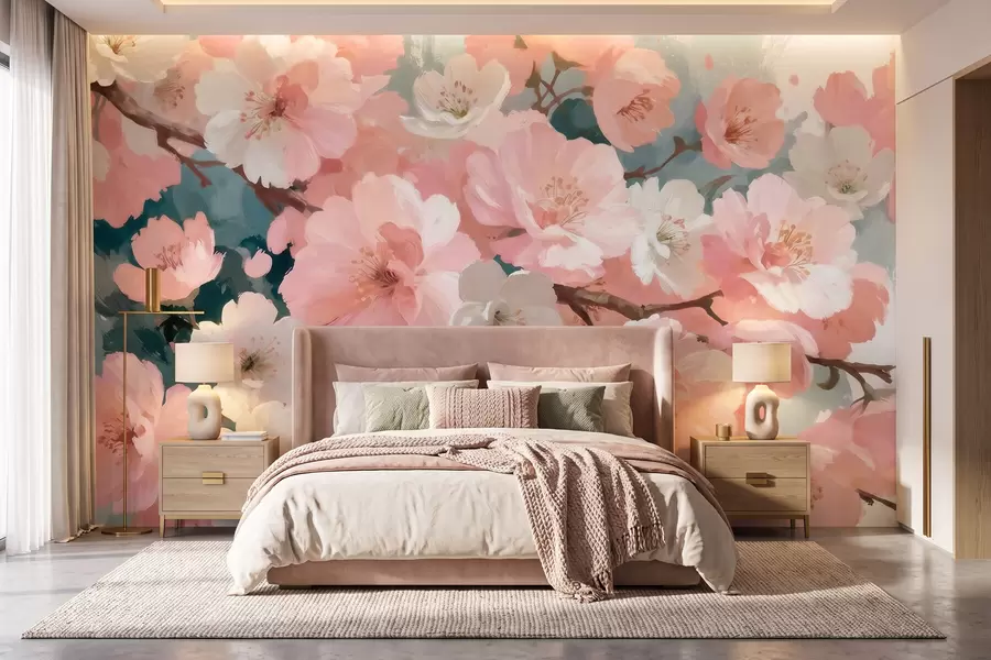 murales de pared Cerezos en flor con flores rosas y blancas, pintados al óleo w09912