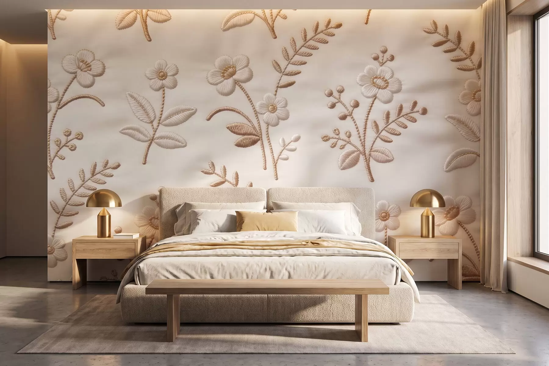 murales de pared Motivo floral de bordado simulado con hilo amarillo sobre tela w09953