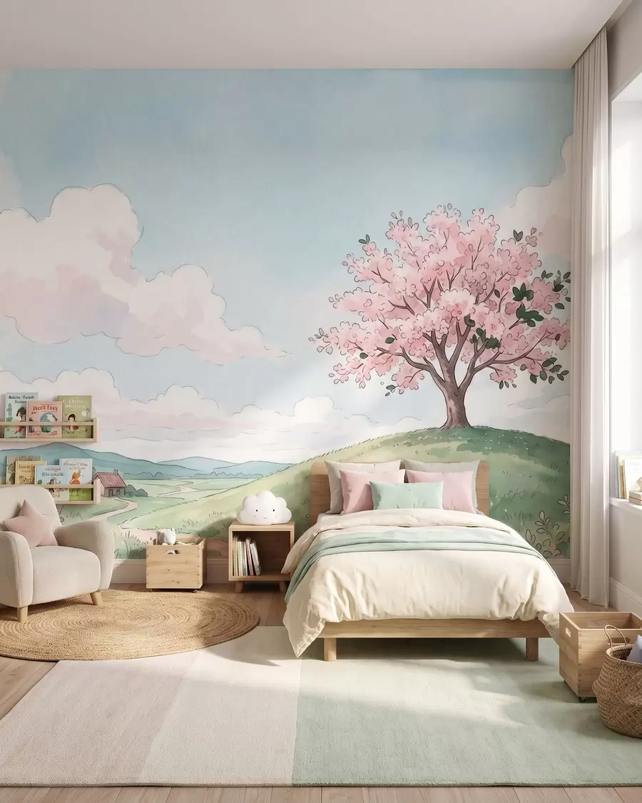 murales de pared Árbol en flor sobre una colina verde con una casita en la lejanía; paisaje al estilo de la acuarela w09954