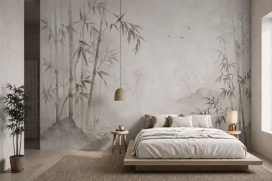 murales de pared Un bosque de bambú envuelto en niebla junto a unas aguas tranquilas w05732