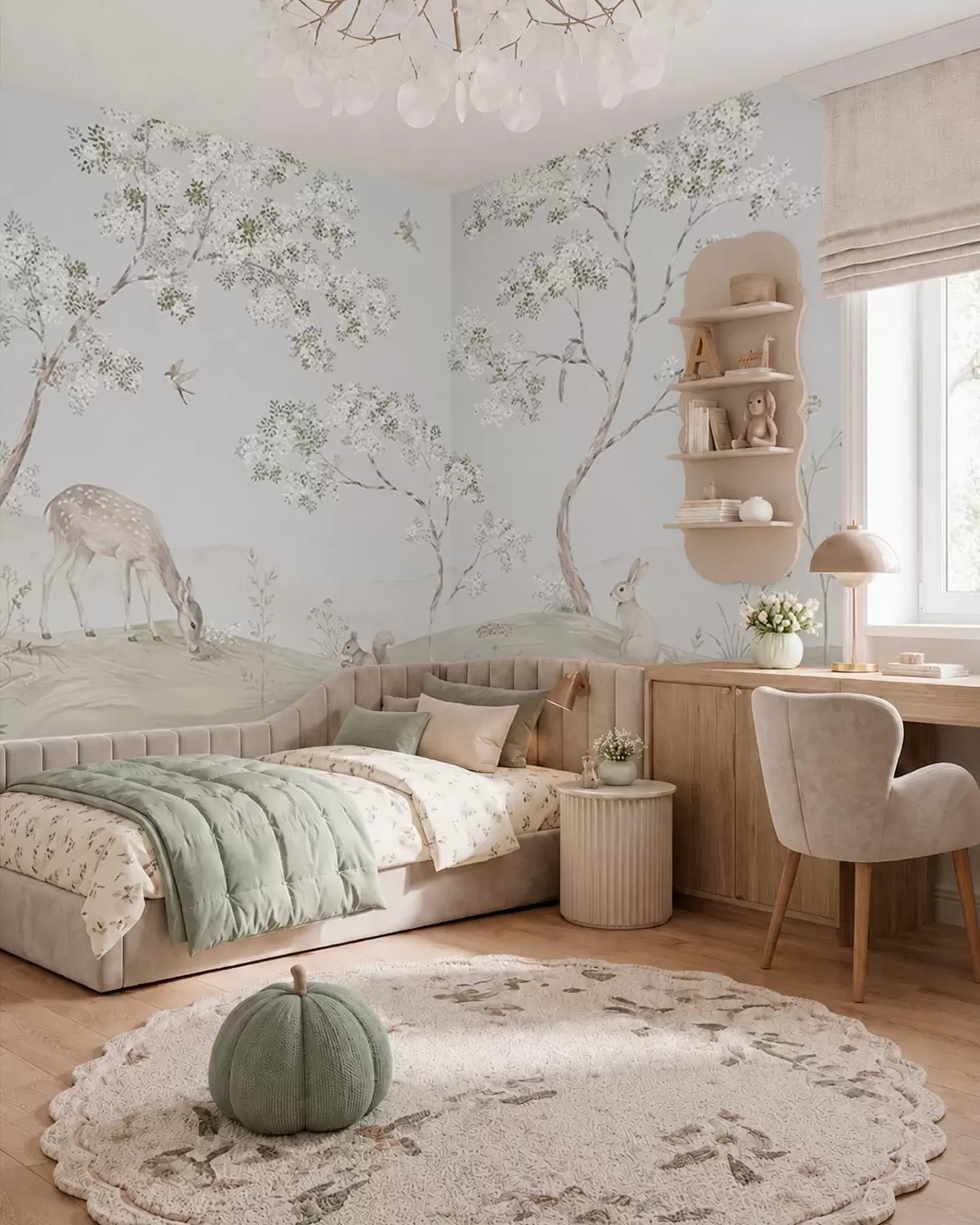 murales de pared Árboles en flor con un ciervo, una liebre y una ardilla en tonos azules w05809v1