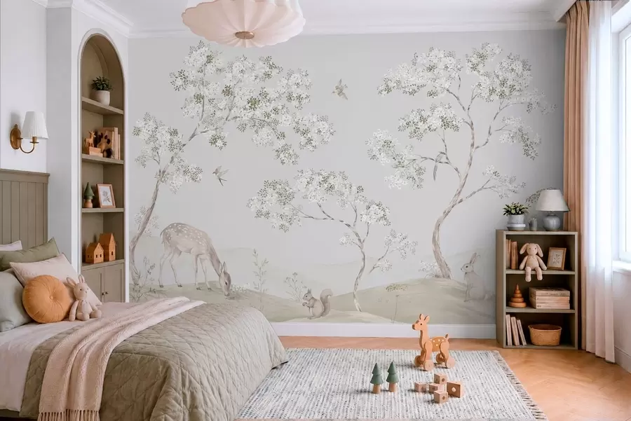 murales de pared Árboles en flor con un ciervo, una liebre y una ardilla en tonos azules w05809v1