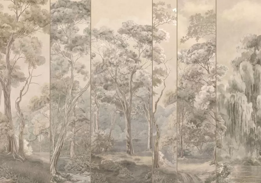 murales de pared Un bosque panorámico con árboles altos en tonos suaves y cálidos w05811