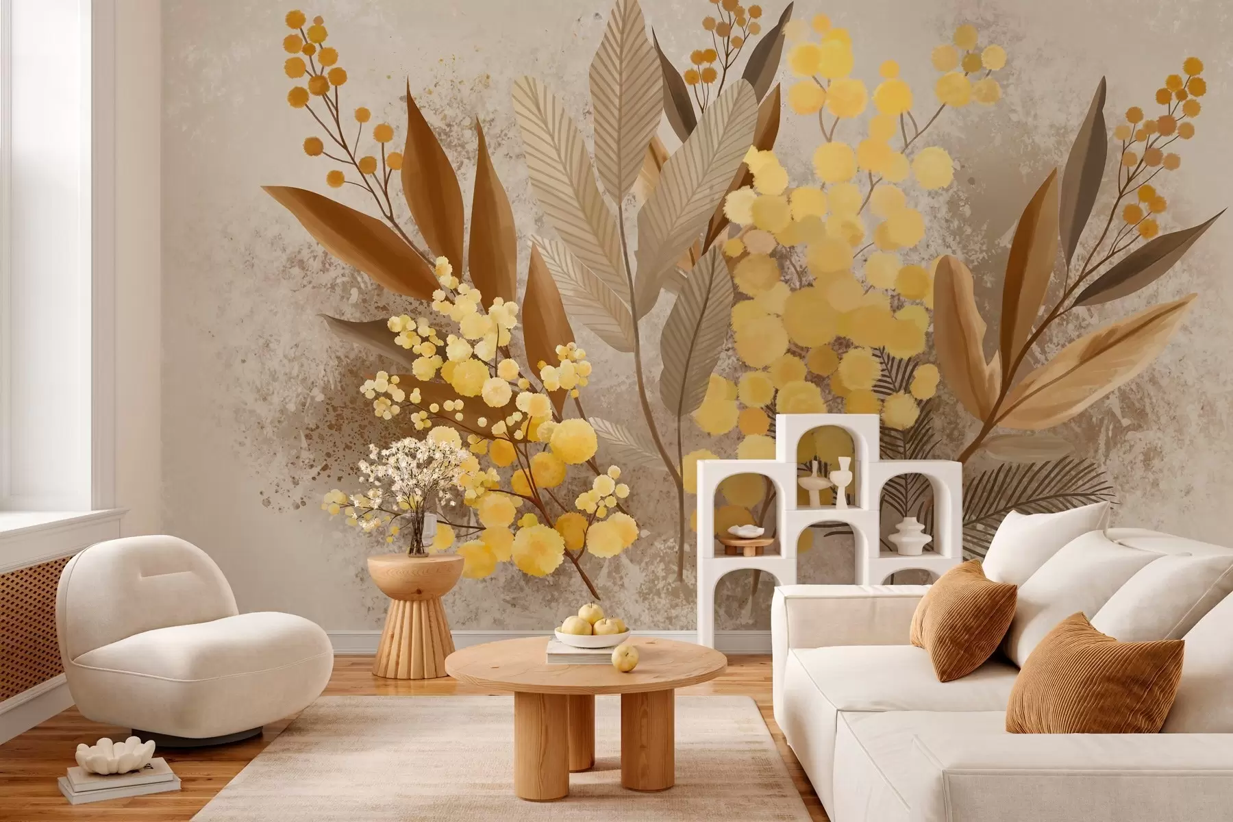 murales de pared Ramas de mimosa pintadas y un herbario en tonos cálidos w05659