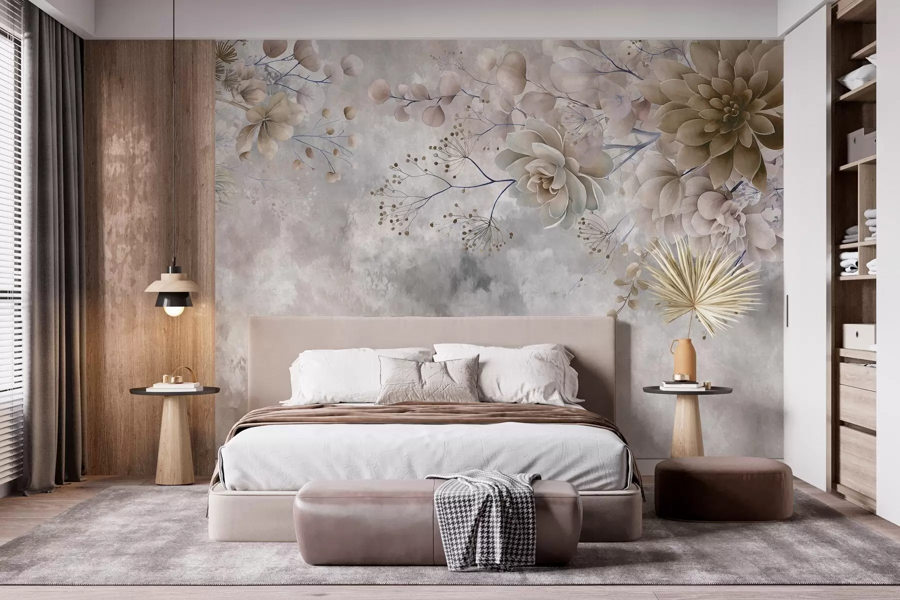 murales de pared Flores de fantasía de estilo retro en la imagen de arriba, en tonos beige y marrón w05753