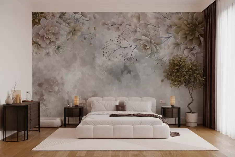 murales de pared Flores de fantasía de estilo retro en la imagen de arriba, en tonos beige y marrón w05753