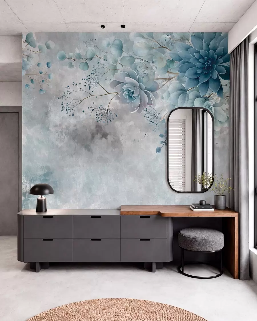 murales de pared Una vista desde arriba de unas flores fantásticas de estilo retro, en tonos azules y turquesa w05753v1