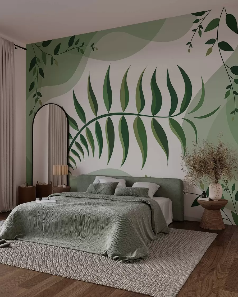 murales de pared Una hoja de helecho curvada en tonos verdes w05756