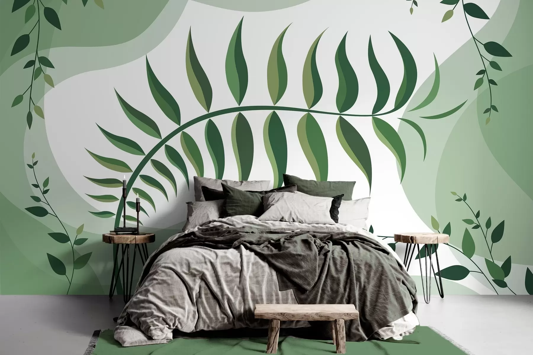 murales de pared Una hoja de helecho curvada en tonos verdes w05756