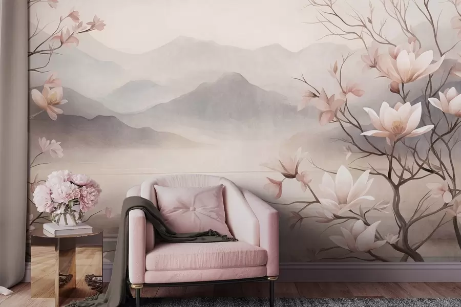 murales de pared Montañas y ramas de magnolia en flor de color rosa, paisaje con textura w10013