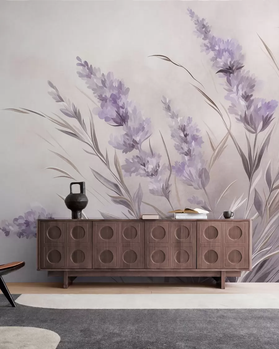 murales de pared Flores de lavanda con tallos y hojas largos, obra de arte con una textura suave en tonos pastel w10018