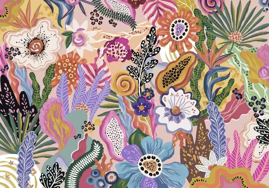murales de pared Motivo tropical muy llamativo con flores, hojas y frutas de colores vivos w05815