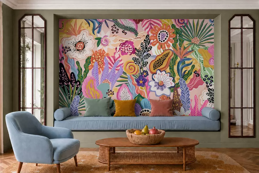 murales de pared Motivo tropical muy llamativo con flores, hojas y frutas de colores vivos w05815