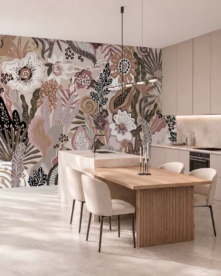 murales de pared Motivo tropical en tonos empolvados con flores, hojas y tonos suaves y apagados w05815v1