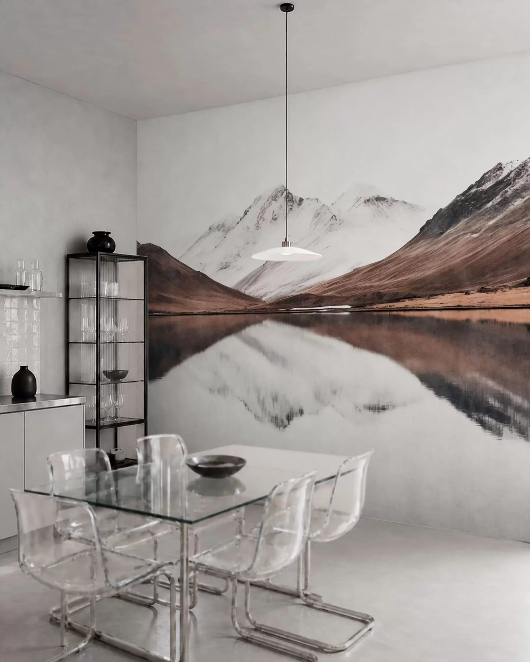 murales de pared Cumbres nevadas y un lago tranquilo con un reflejo como un espejo w05816