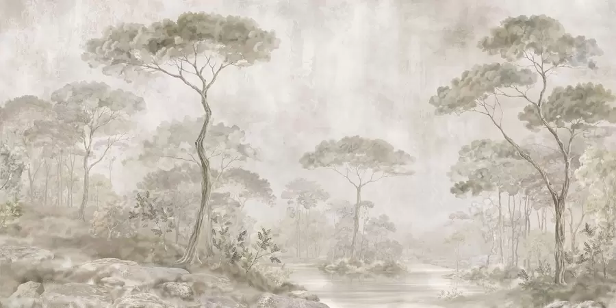 murales de pared Un bosque brumoso junto a unas aguas tranquilas, en suaves tonos pastel naturales w05817