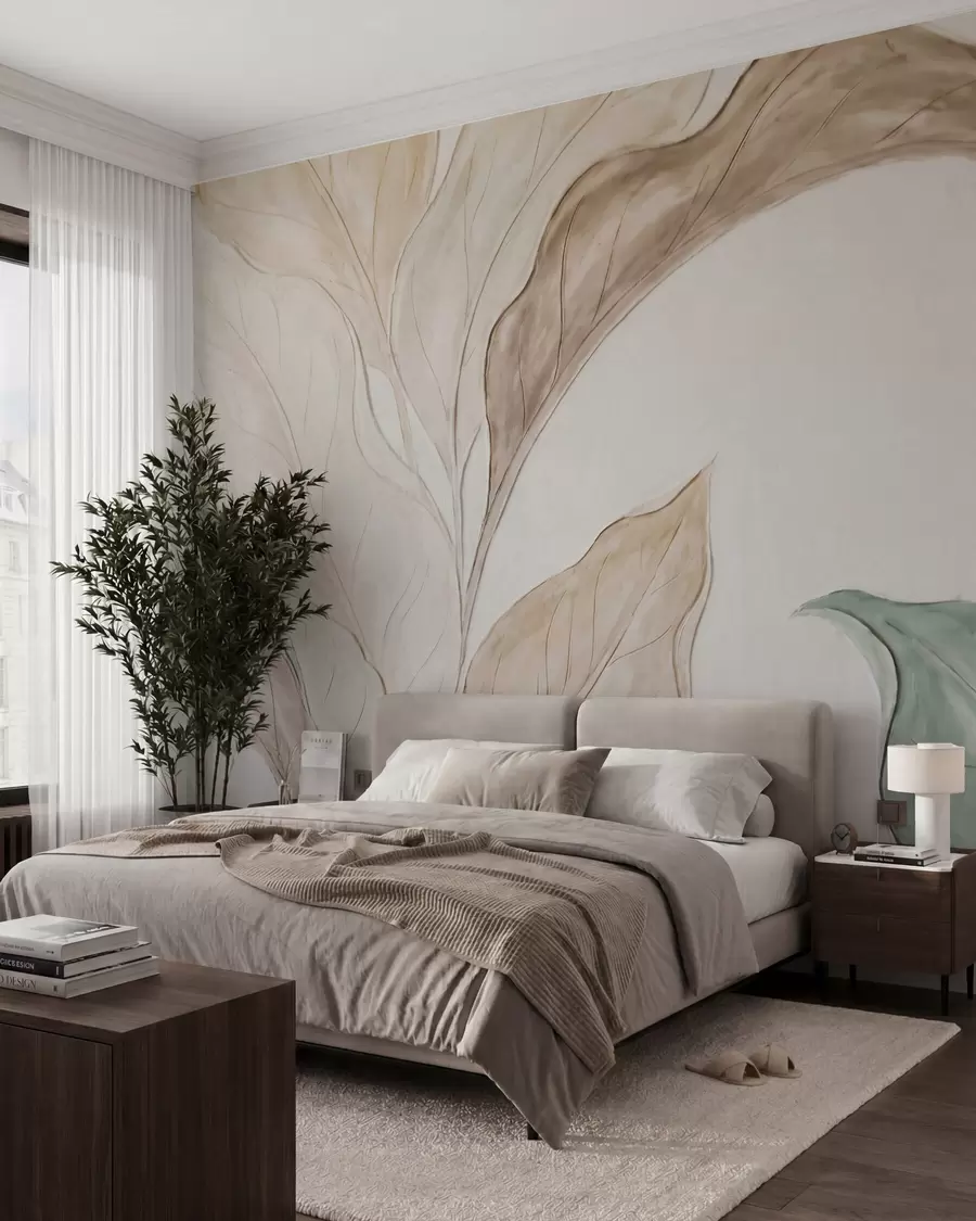 murales de pared Imitación de hojas delicadas de color beige verdoso, moldeadas en relieve w09991