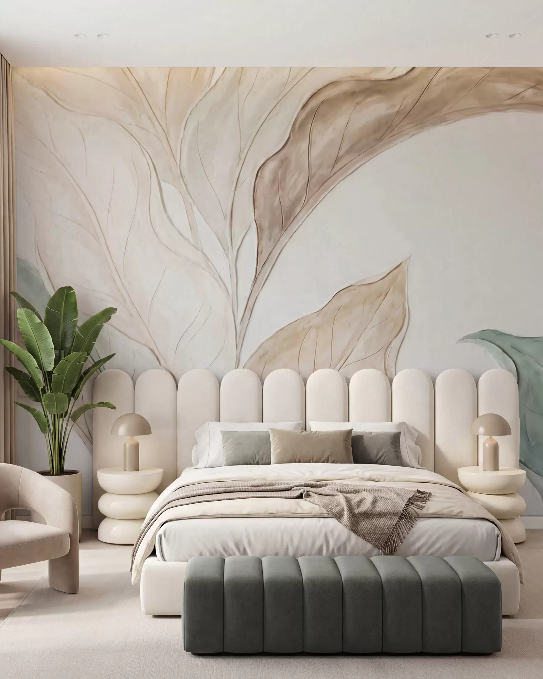 murales de pared Imitación de hojas delicadas de color beige verdoso, moldeadas en relieve w09991
