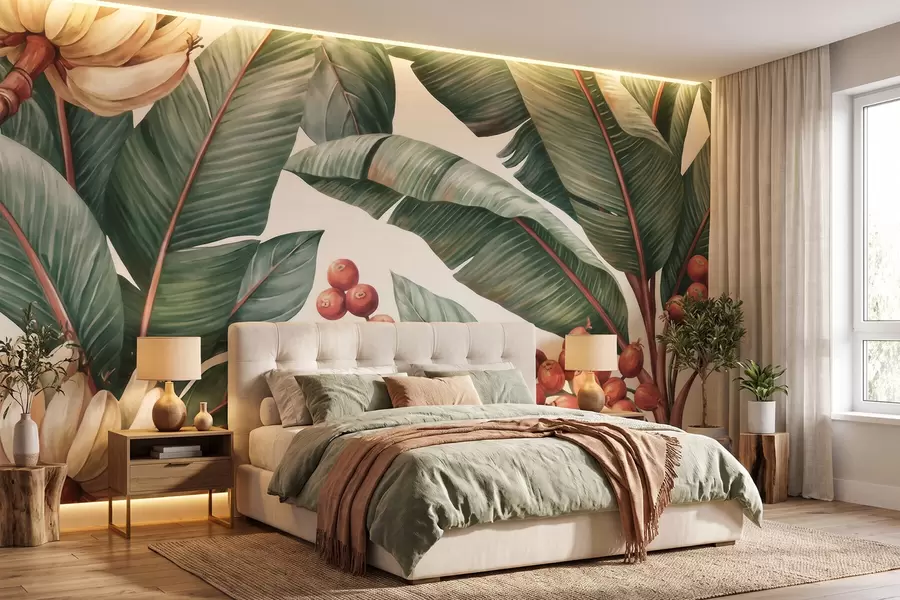 murales de pared Hojas de plátano tropicales con racimos de bayas de café rojas, estilo acuarela w09997
