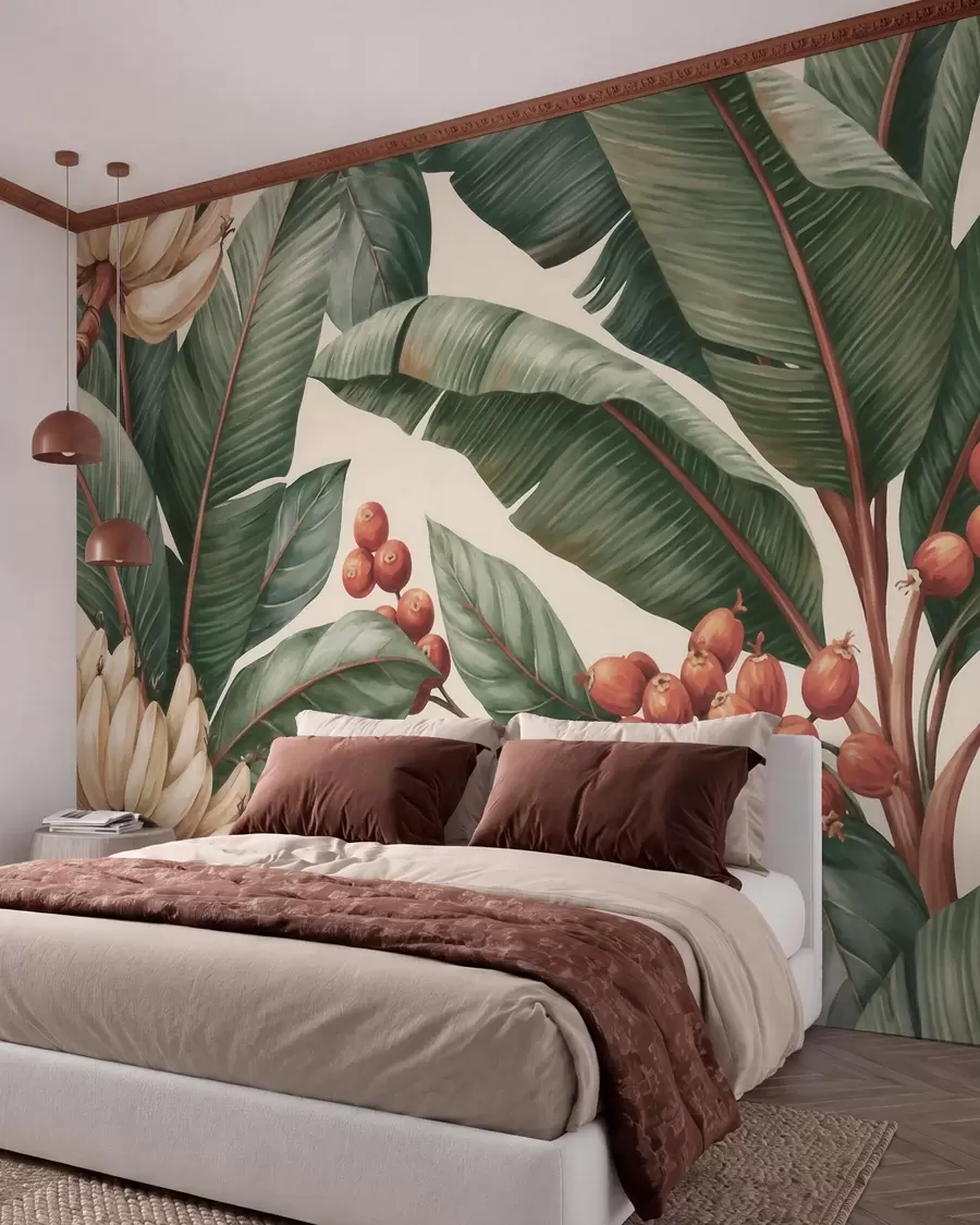 murales de pared Hojas de plátano tropicales con racimos de bayas de café rojas, estilo acuarela w09997