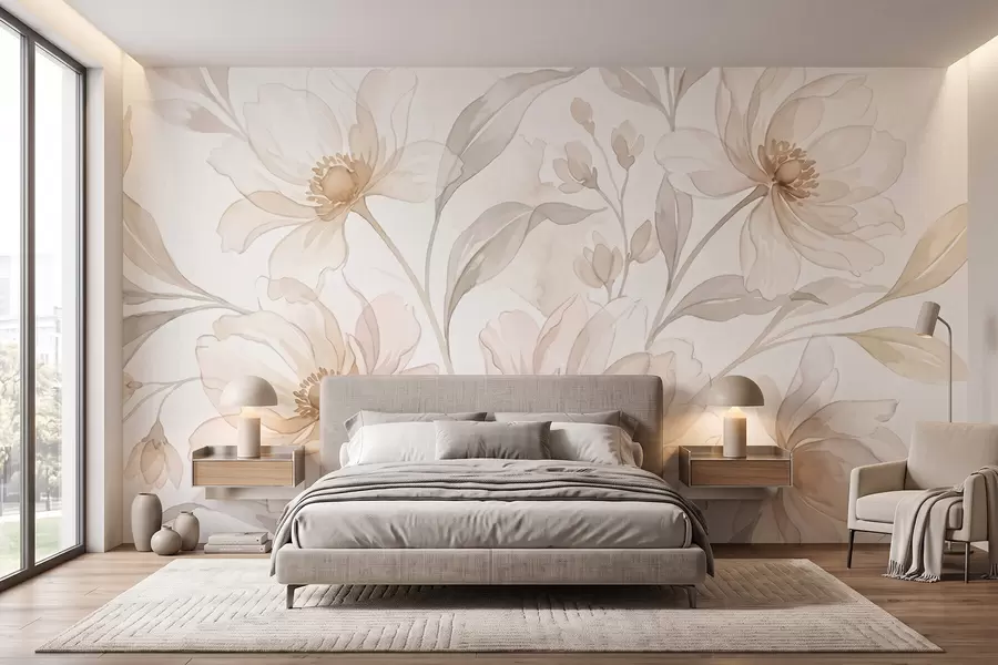 murales de pared Peonías etéreas en suaves tonos beige empolvado w10002