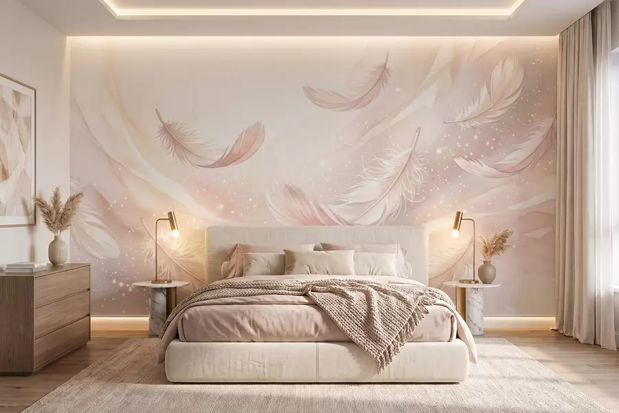 murales de pared Plumas delicadas y etéreas en una neblina de color rosa melocotón con destellos w10003