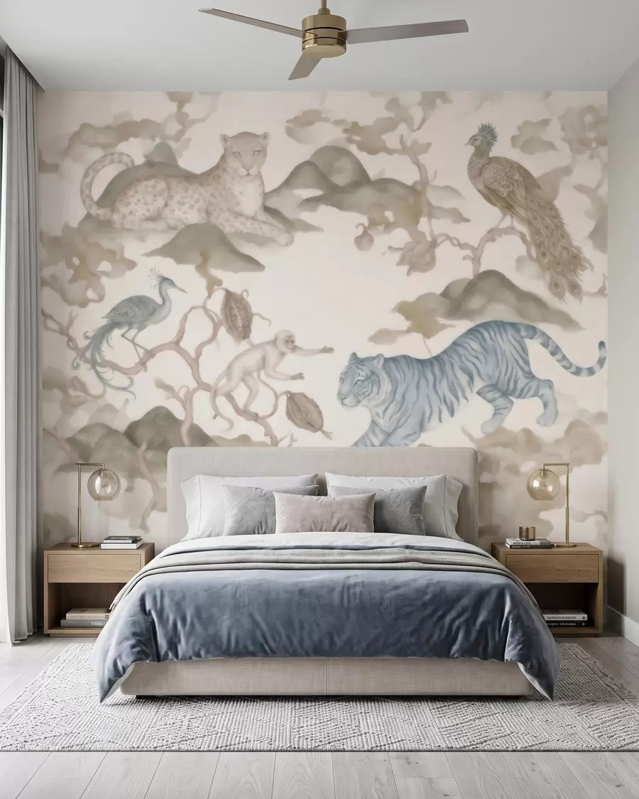 murales de pared Jardín imperial con animales de estilo oriental: mono, leopardo, tigre, pavo real y garza w10011