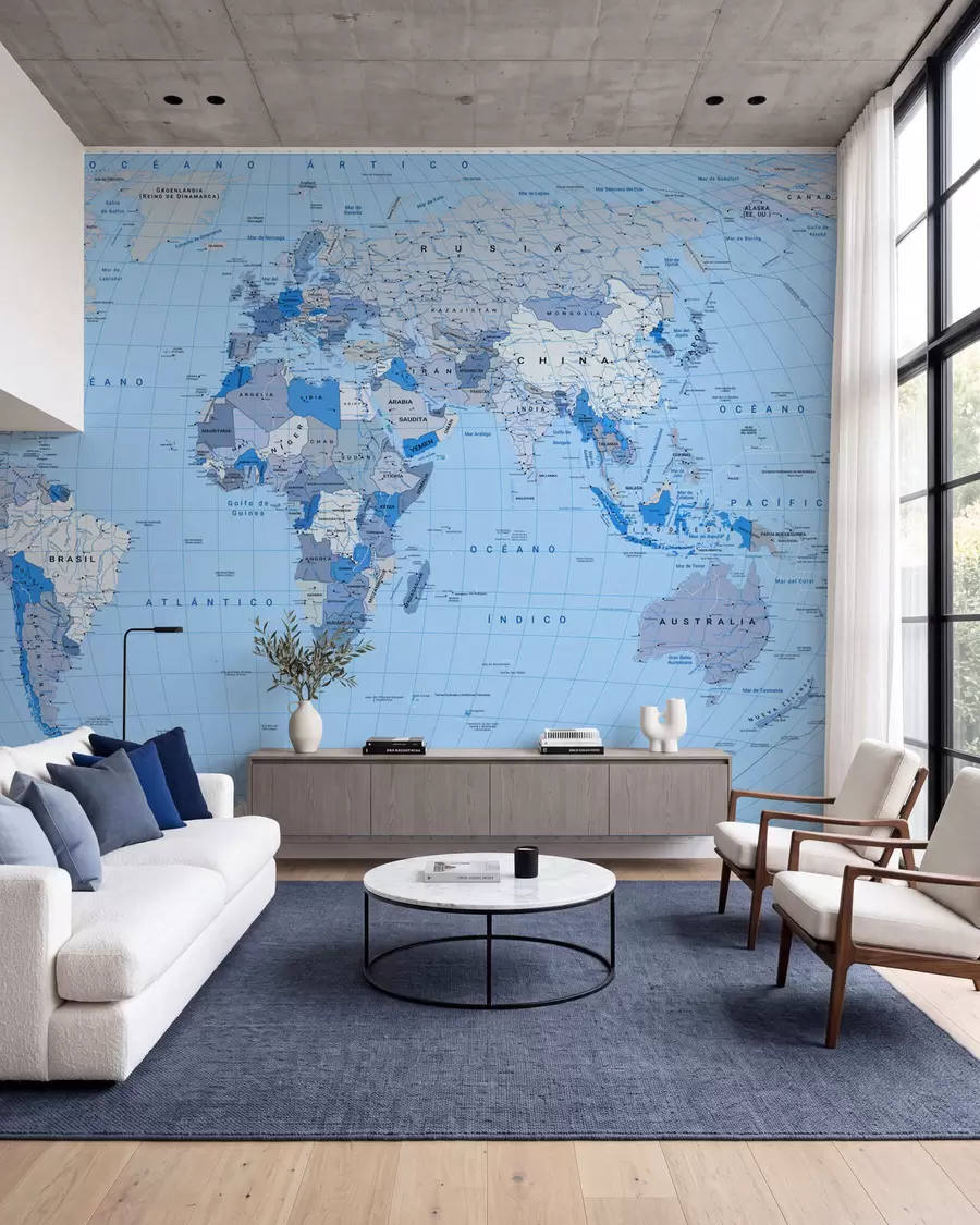 murales de pared Mapa político del mundo en azul con banderas, en español c00016esv2