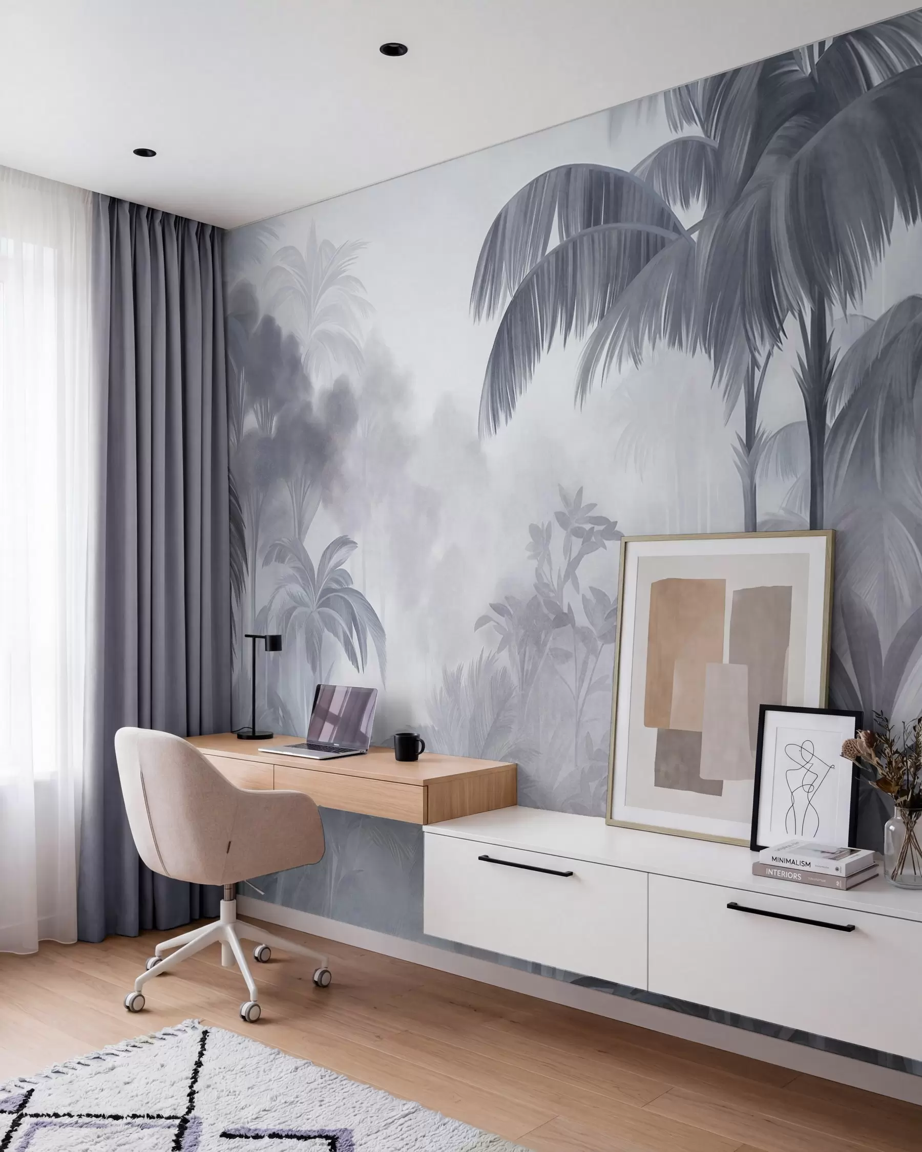 murales de pared Paisaje selvático con textura, con palmeras y una exuberante vegetación, en un estilo suave y pictórico w10016v1