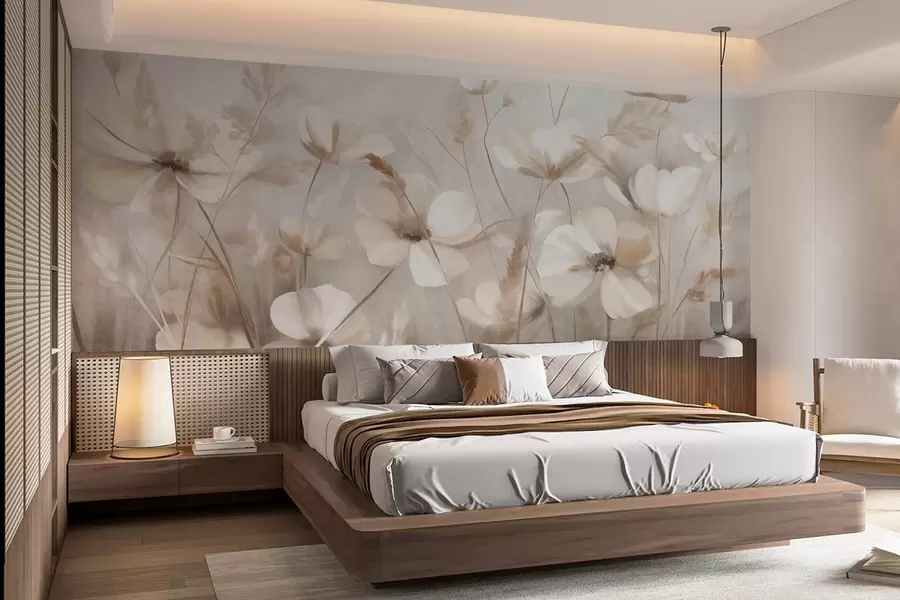 murales de pared Un campo de flores de colores claros y hierbas altas en tonos apagados, obra de arte con textura w10019