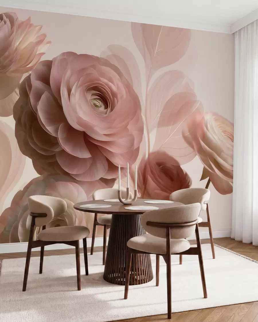 murales de pared Flores de ranúnculo de color rosa empolvado, de gran tamaño, con pétalos translúcidos en suaves tonos rosa y beige w09998