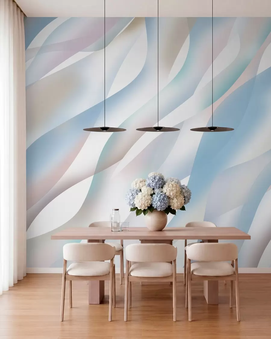 murales de pared Olas abstractas en tonos azules, rosas y beige sobre un fondo blanco w05758v1