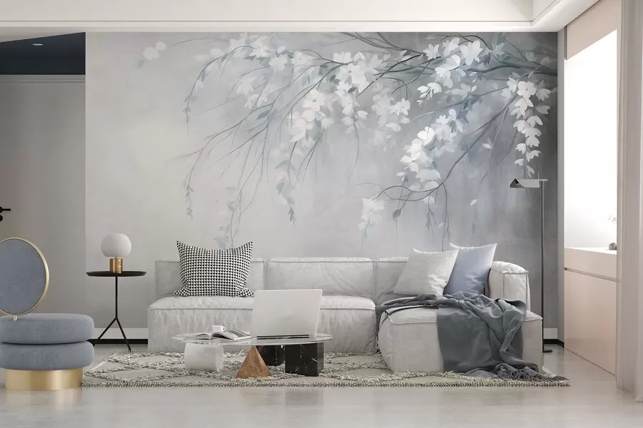 murales de pared Una delicada rama de cerezo con flores blancas y hojas, estilo pictórico w10024v1