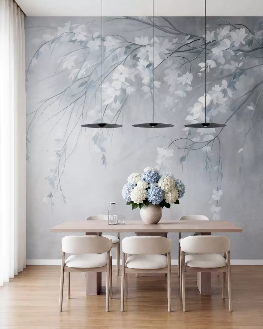 murales de pared Una delicada rama de cerezo con flores blancas y hojas, estilo pictórico w10024v1