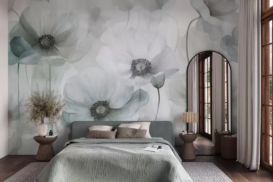 murales de pared Amapolas de colores apagados y textura marcada, con centros oscuros, delicados pétalos translúcidos y un fondo suave w10029v2